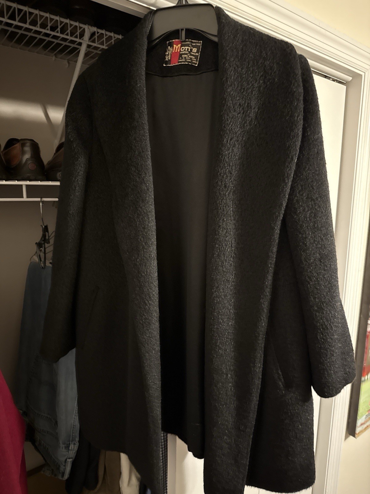 Vintage 1965 MOTI’S Hong Kong Black Mohair Wool Swing Coat Med Custom Tailored