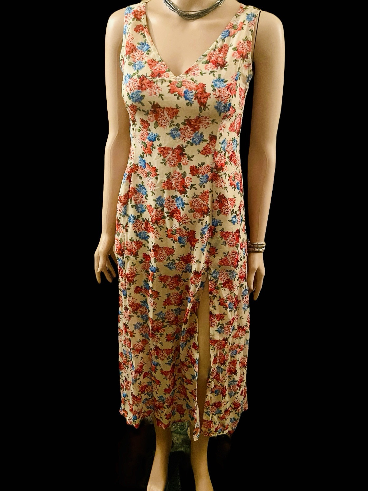 Vintage Silk Dress 1970s Floral Sheer Maxi Sexy Side Split V Neck Cottagecore S