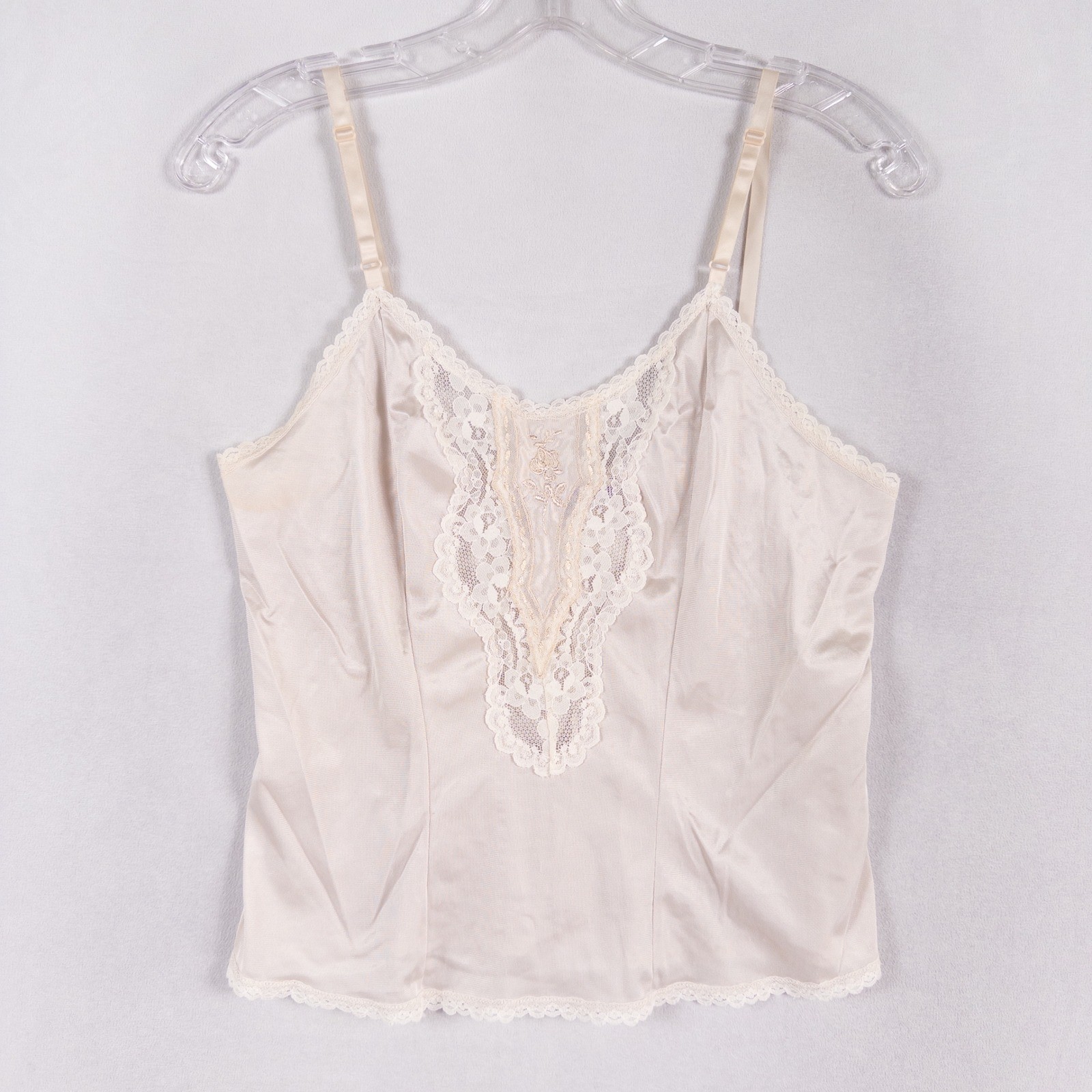 Vintage Bonne Nuit Camisole Womens Medium Cream Lace Trim Floral Embroidered *