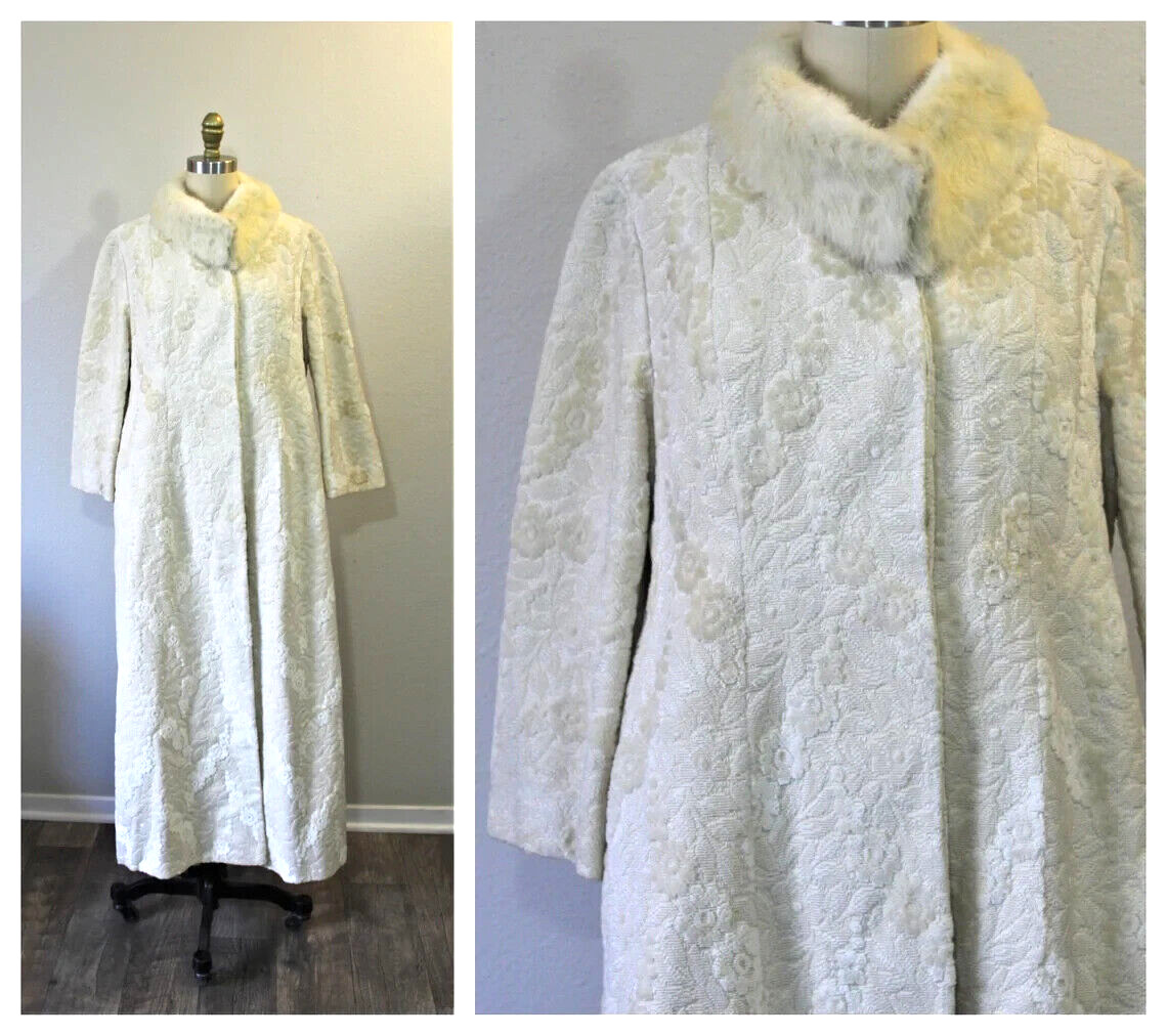 OOAK VTG 60s Cream Tapestry Coat Carpet Chenille SF California Maxi Opera Mink