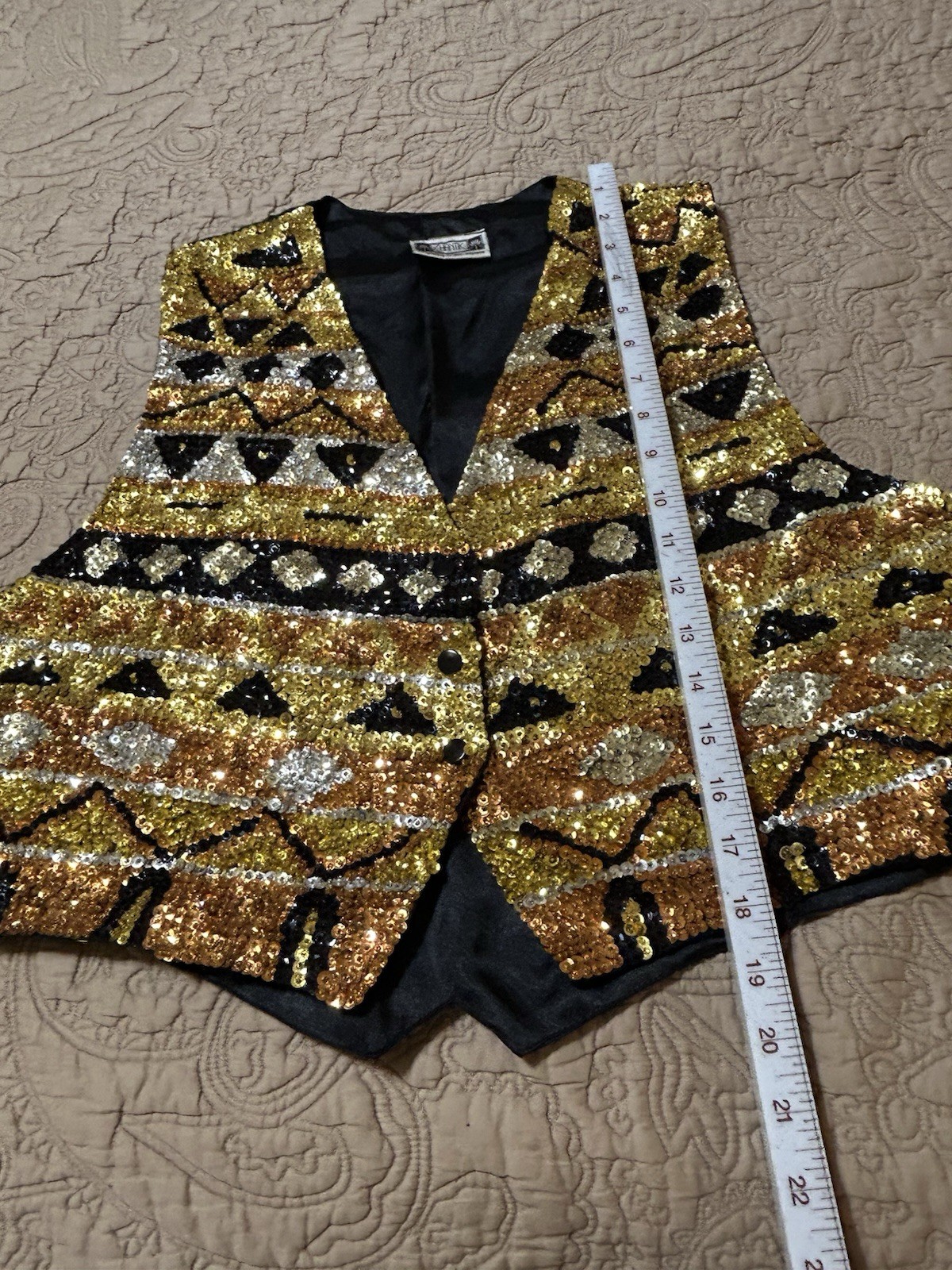 VTG Womans Size L Vest Sequin Beaded Gold Handmade Adj waist Casino Dealer