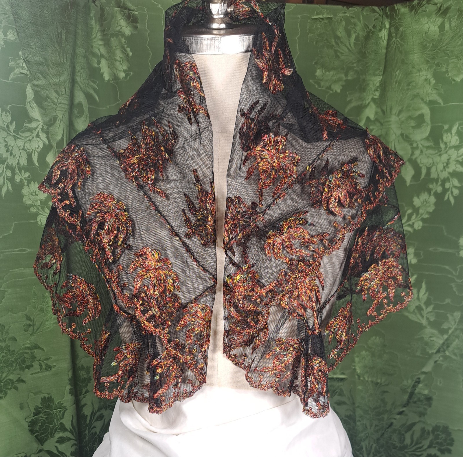 EDWARDIAN MULTI-COLORED EMBROIDERED SHAWL ON NET