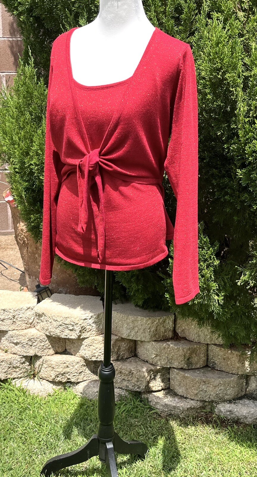 Blouse Red Size:XL Vintage Shimmery Pull Over Tie Front By NY Collection