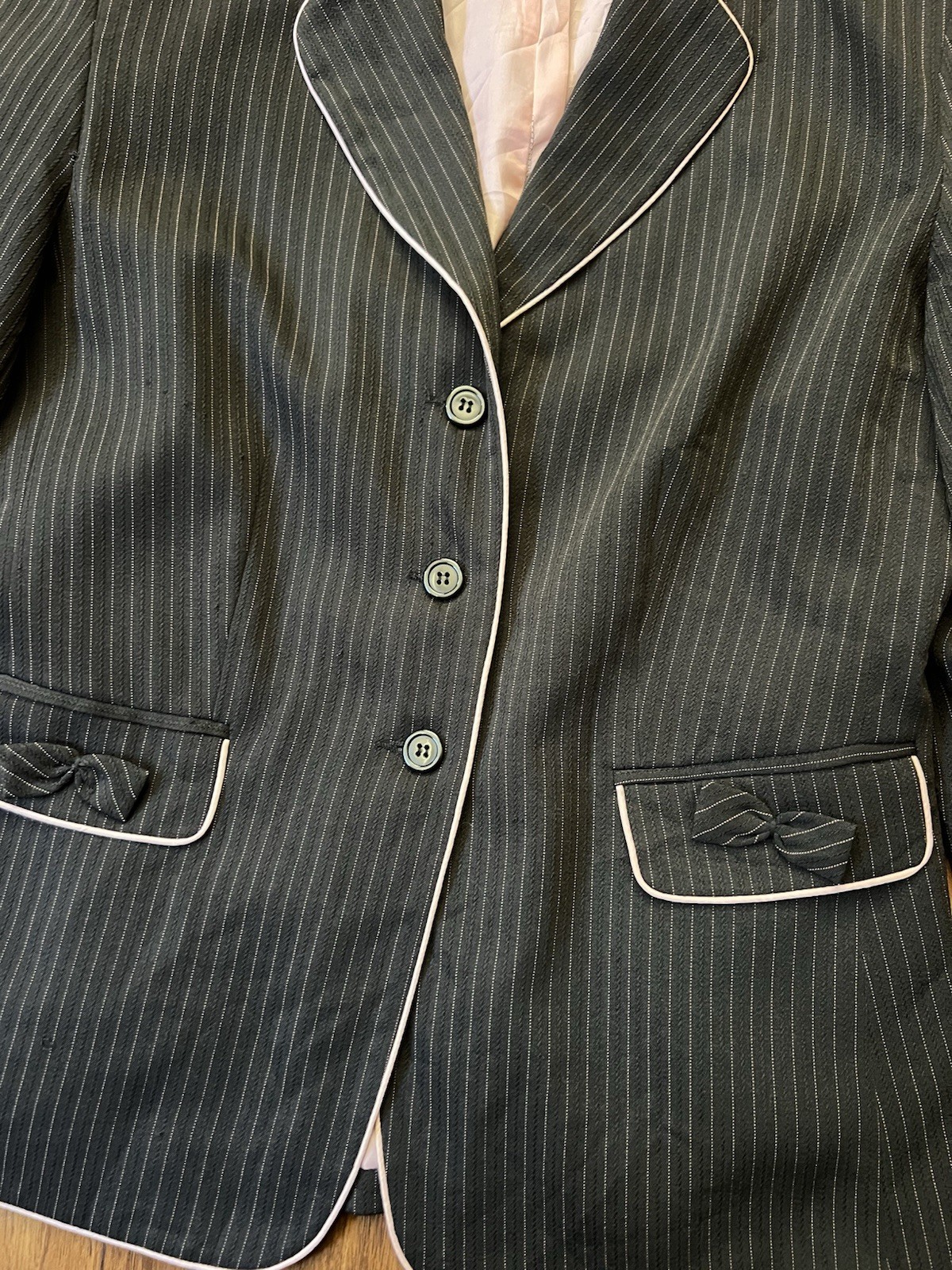 Vintage Y2K 2000s Blazer Sz 8 Black Pink Pin Stripe Bows Corpcore Office Siren
