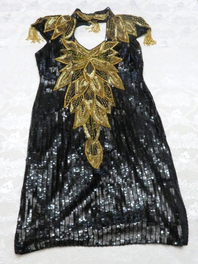1990’s VTG Vanna White Original Beaded Sequin Dress Size M Gold & Black Beading