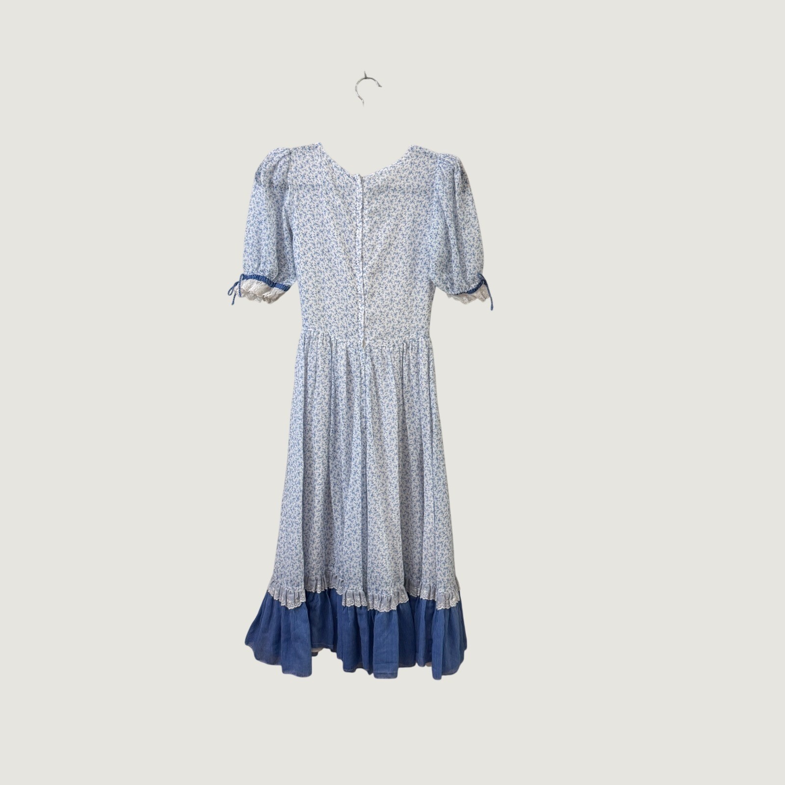 Vintage ACT I New York Floral Cottagecore Midi Prairie Dress Blue White Lace XS