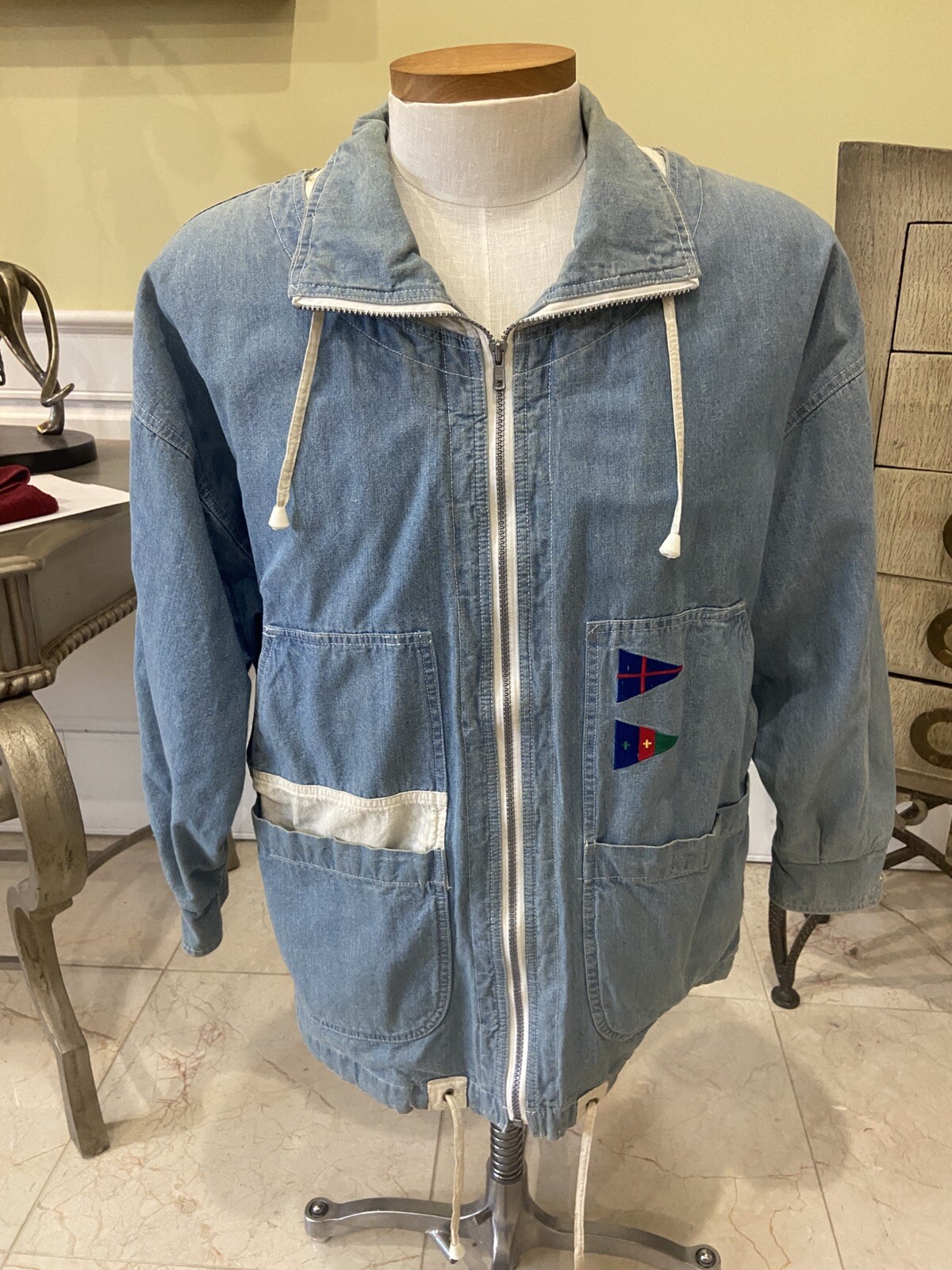 Vintage 80s 90s Izzi Spirit Blue & White Nautical Jacket Size Large