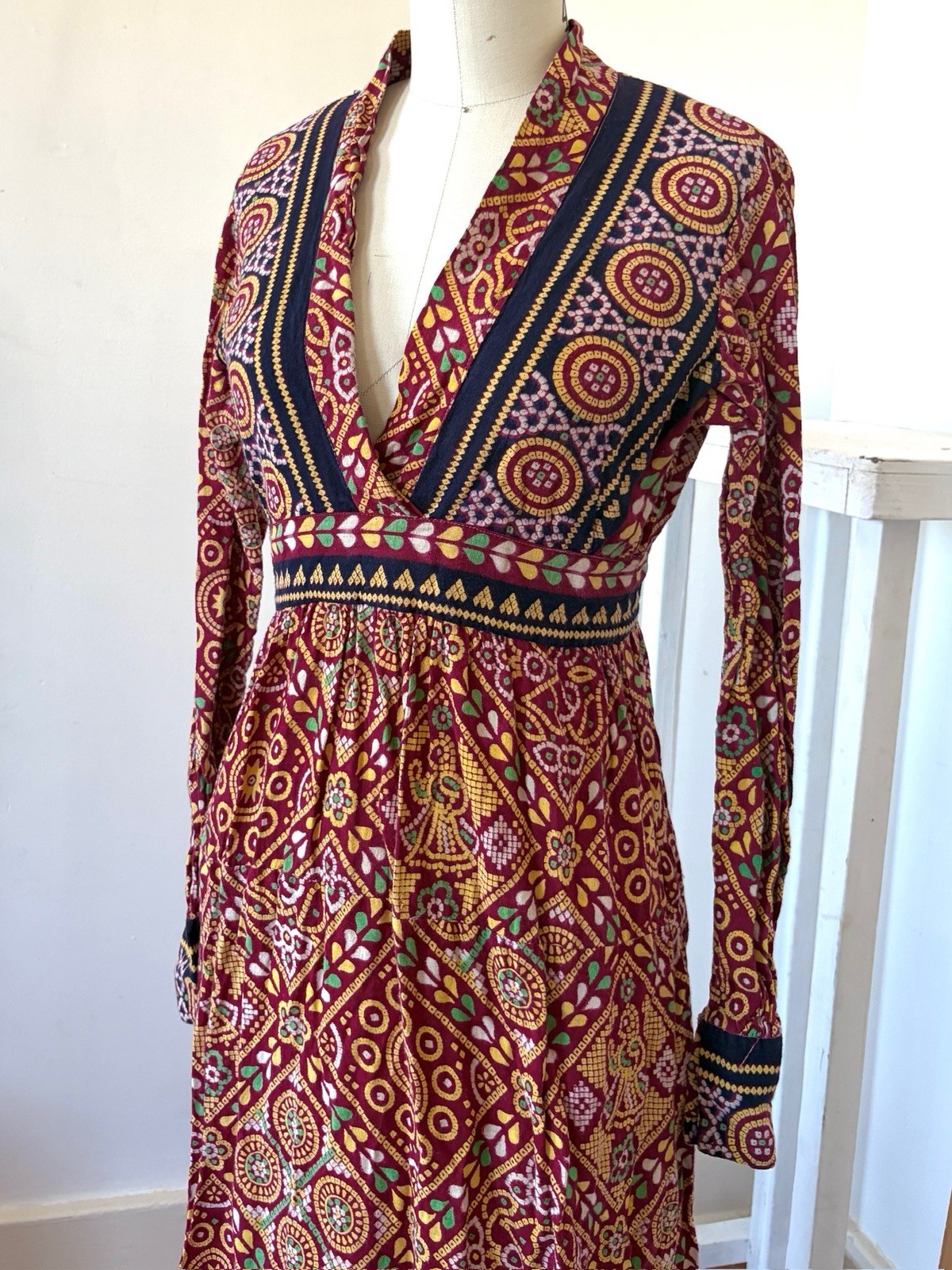 60s 70s Artisan Printed Pakistani Cotton Boho Hippie Empire Waist Maxi Dress XS