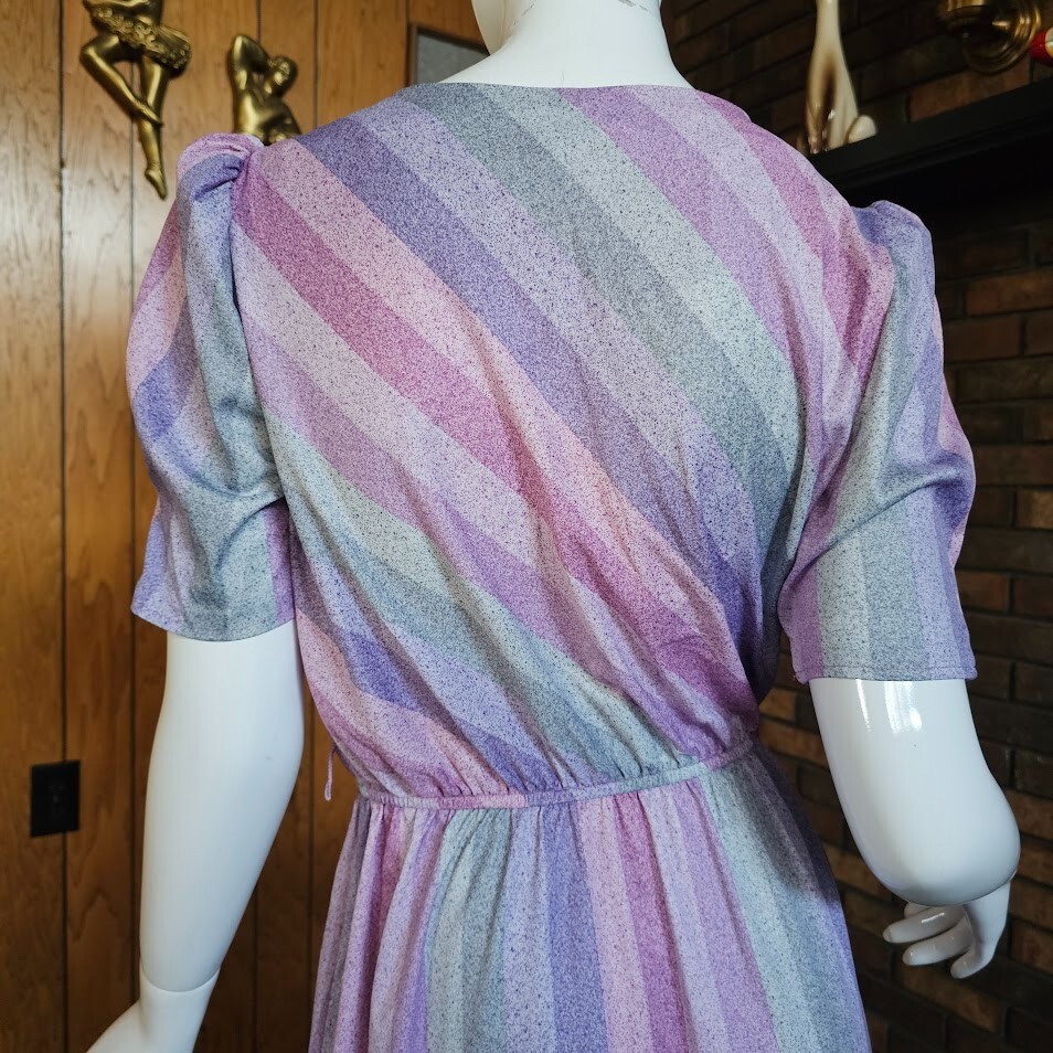 Vtg 80s Puff Sleeve Preppy Disco Studio 54 Rainbow Striped Day Party Dress M/L
