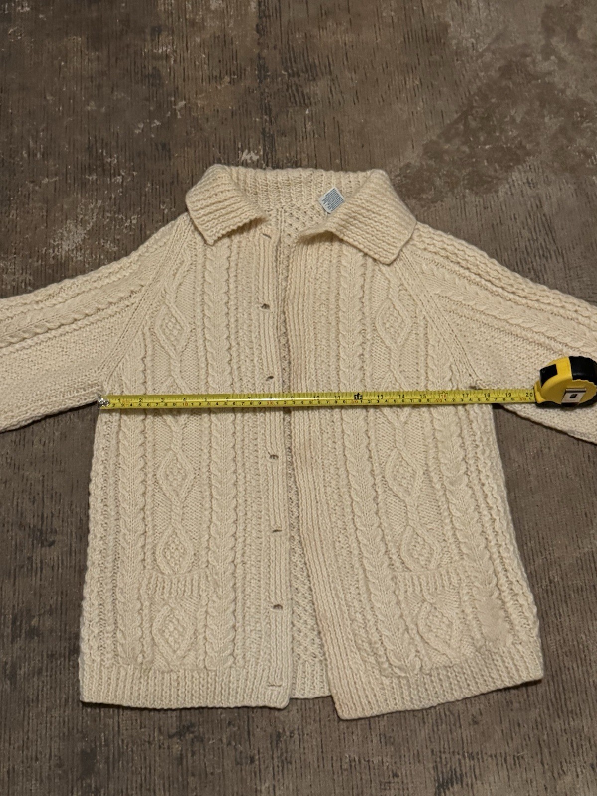 Vintage Una O’Neill Aran Handknits Wool Cardigan Sweater Irish Cream White