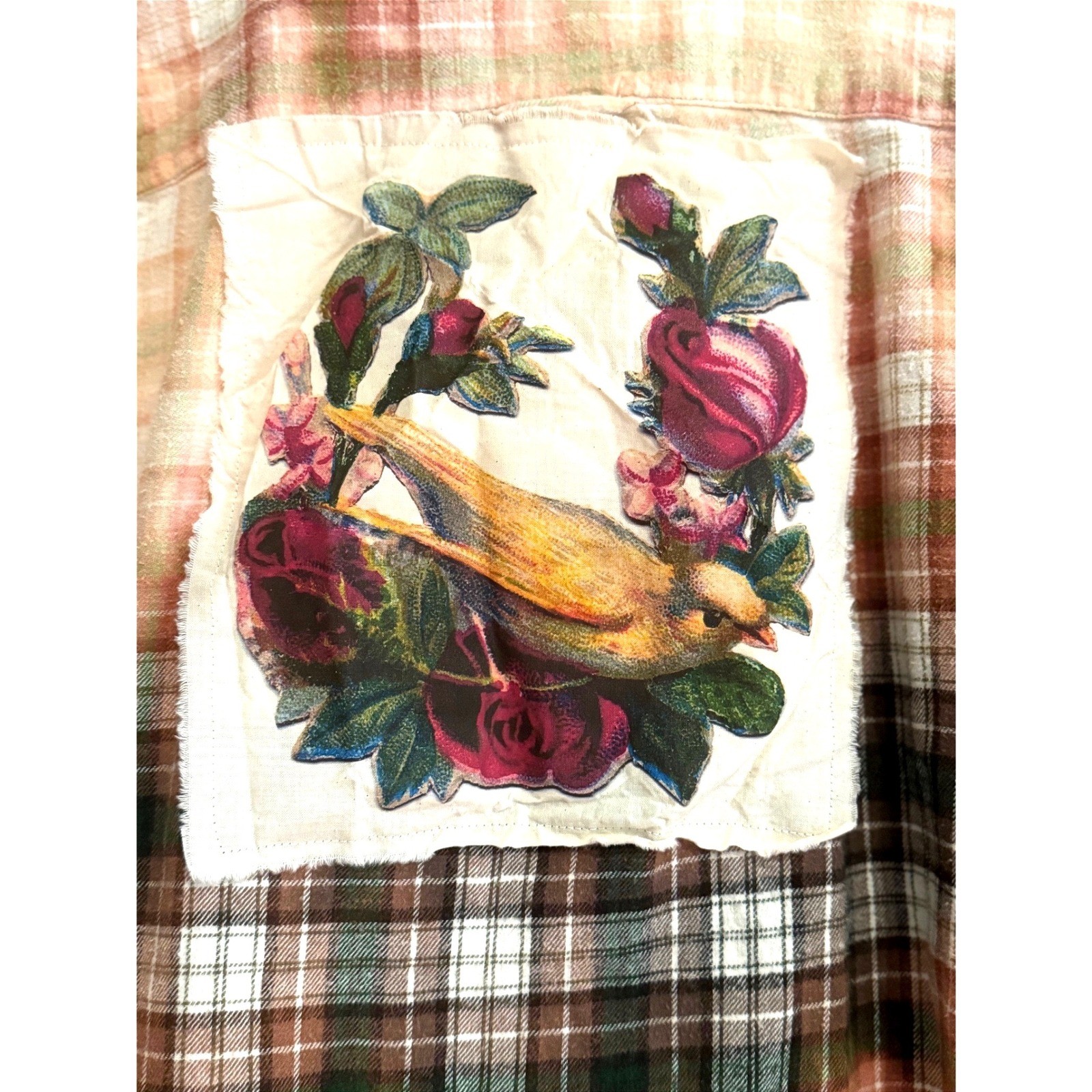Upcycled Bird Rose Flannel Shirt XXL Cotton Folk Art Grunge