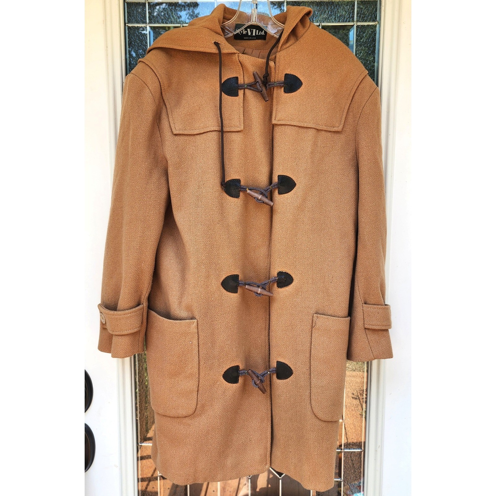 Style VI Ltd Sz XL Tan 100% Wool Long Line Duffle Pea Coat Vintage