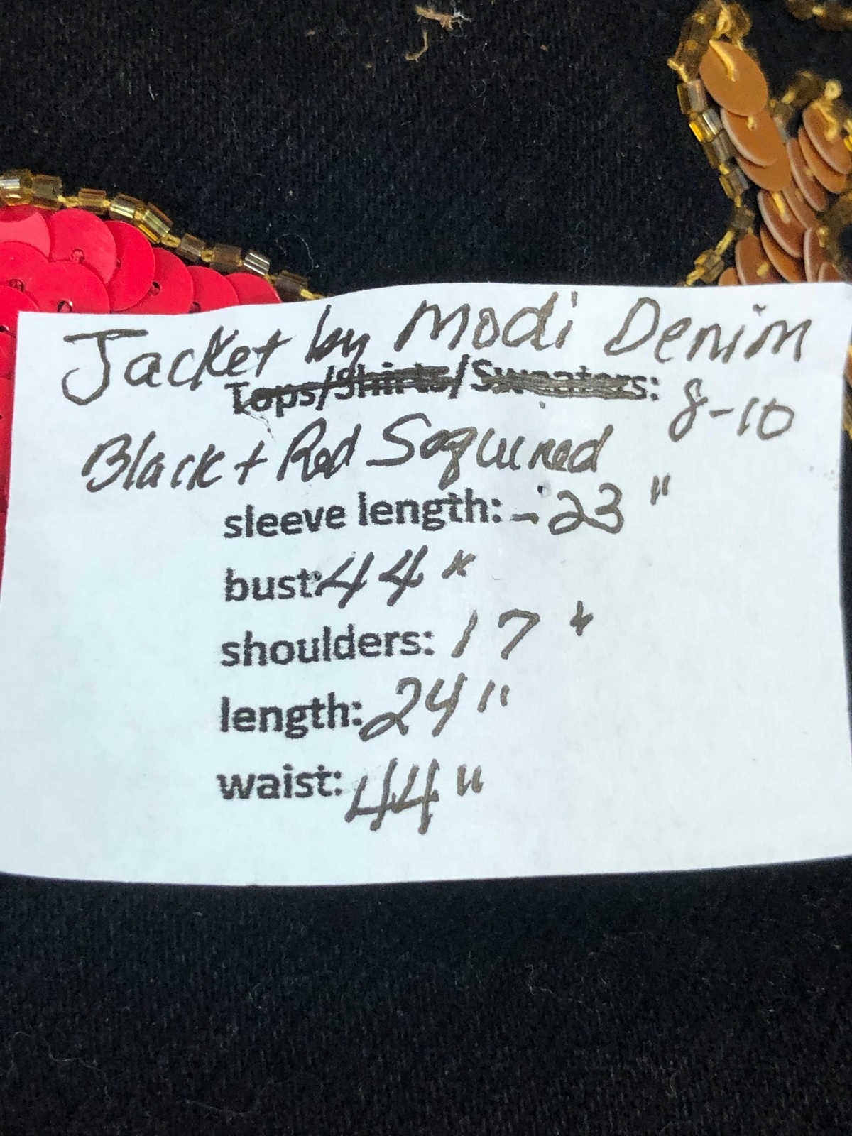 Vintage Modi Denim Black with Red Cotton Snap Button Front Sequined Jacket 8-10