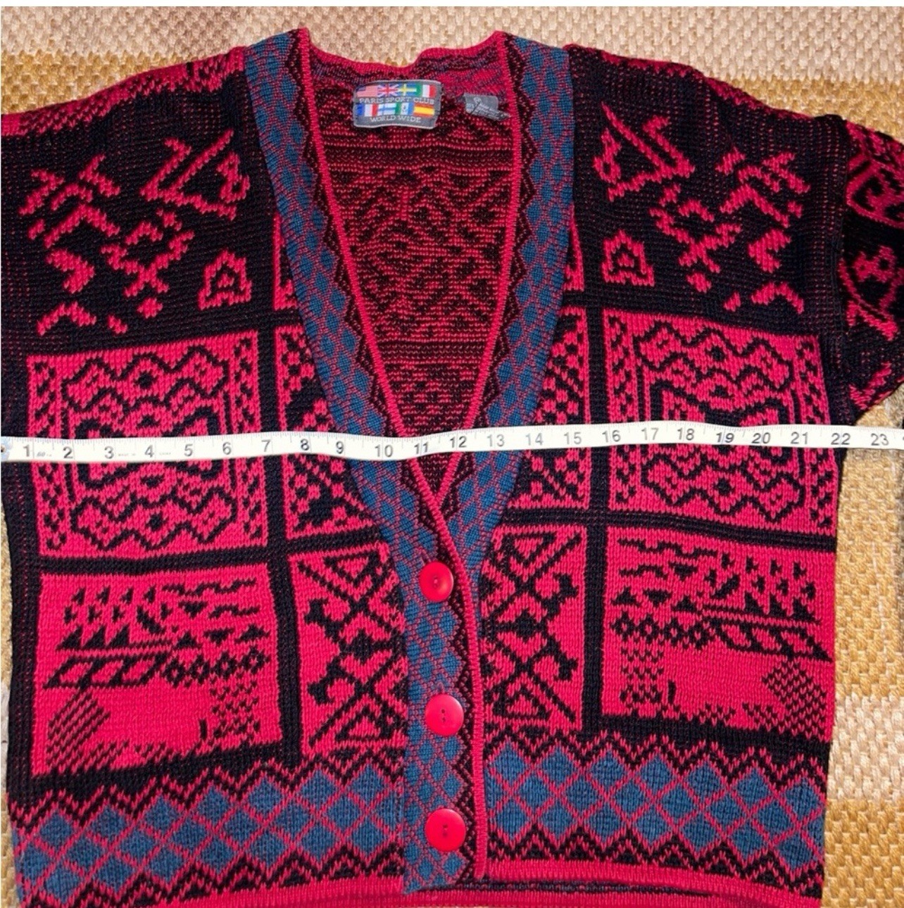Vintage 90s Geometric Grandpa Sweater Cardigan Button Up Ramie Cotton Size M