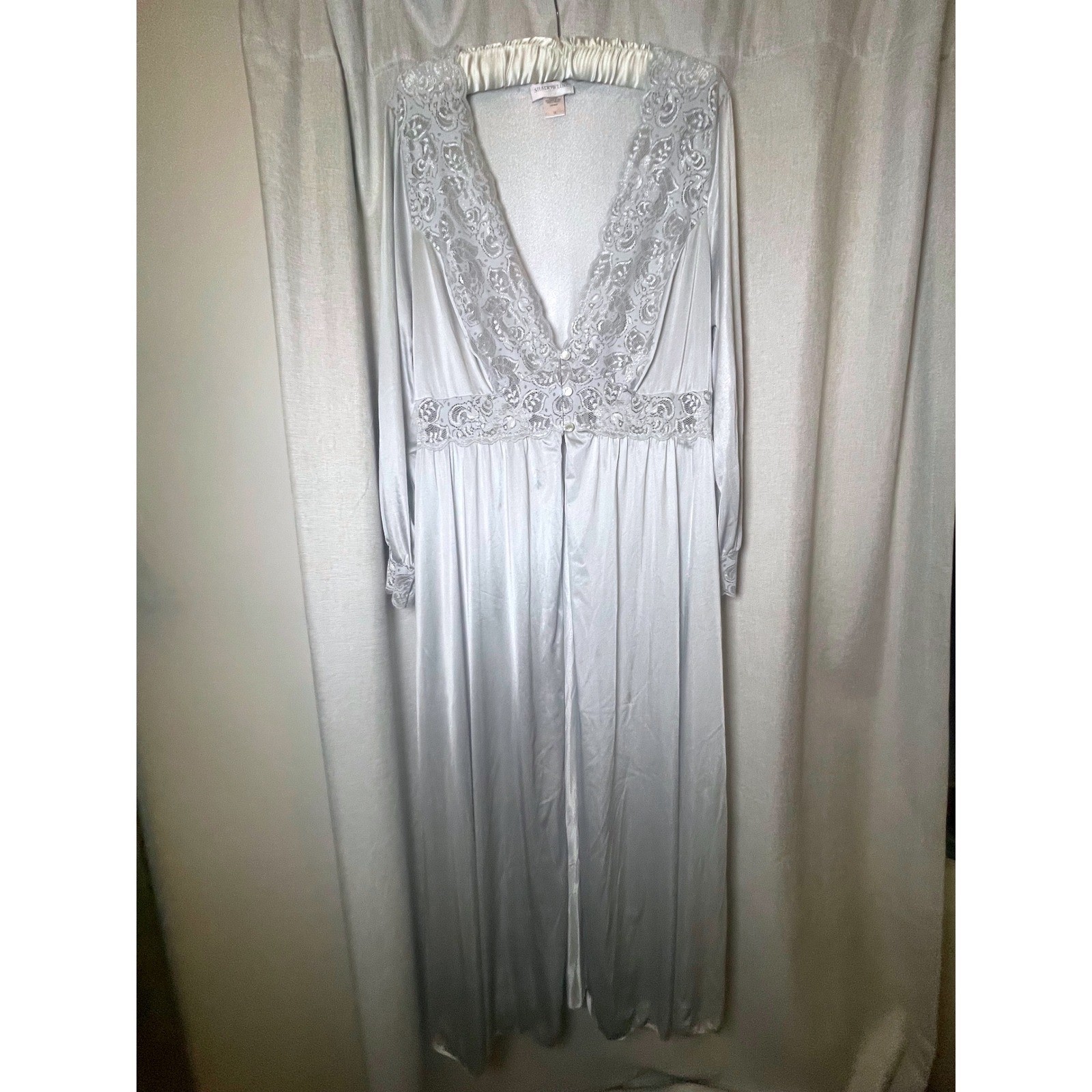 Vintage Shadowline Silver Lace Duster Robe 1X Long Nylon Peignoir Romantic