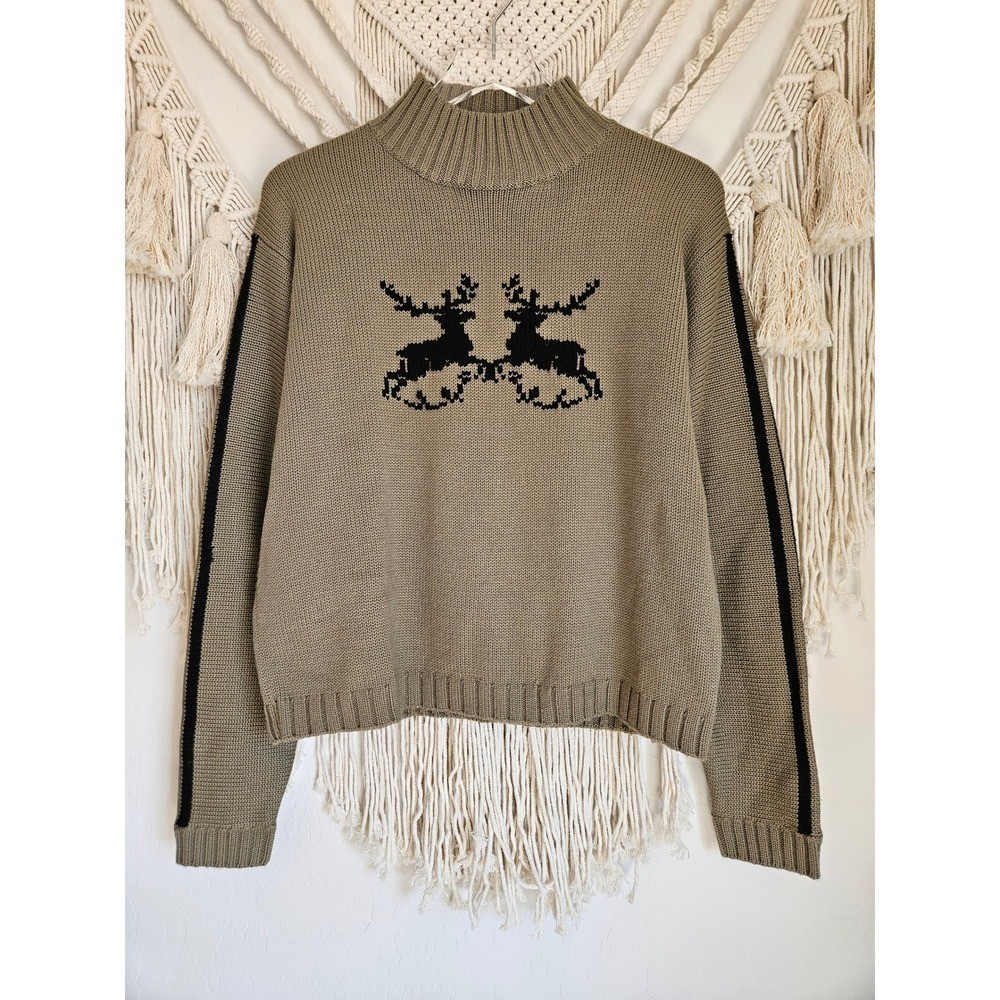 Vintage Obermeyer Ski Sweater Reindeer Knit Wool Blend Mock Neck Nordic Womens L