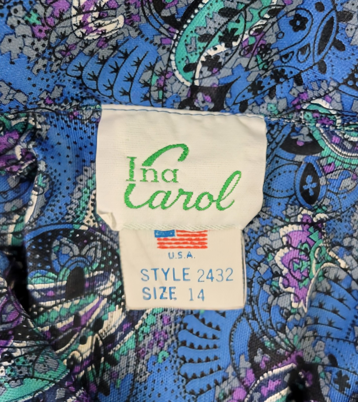 Vintage Ina Carol Blue & Purple Paisley S/S Dress w Matching Tie Belt Size 14