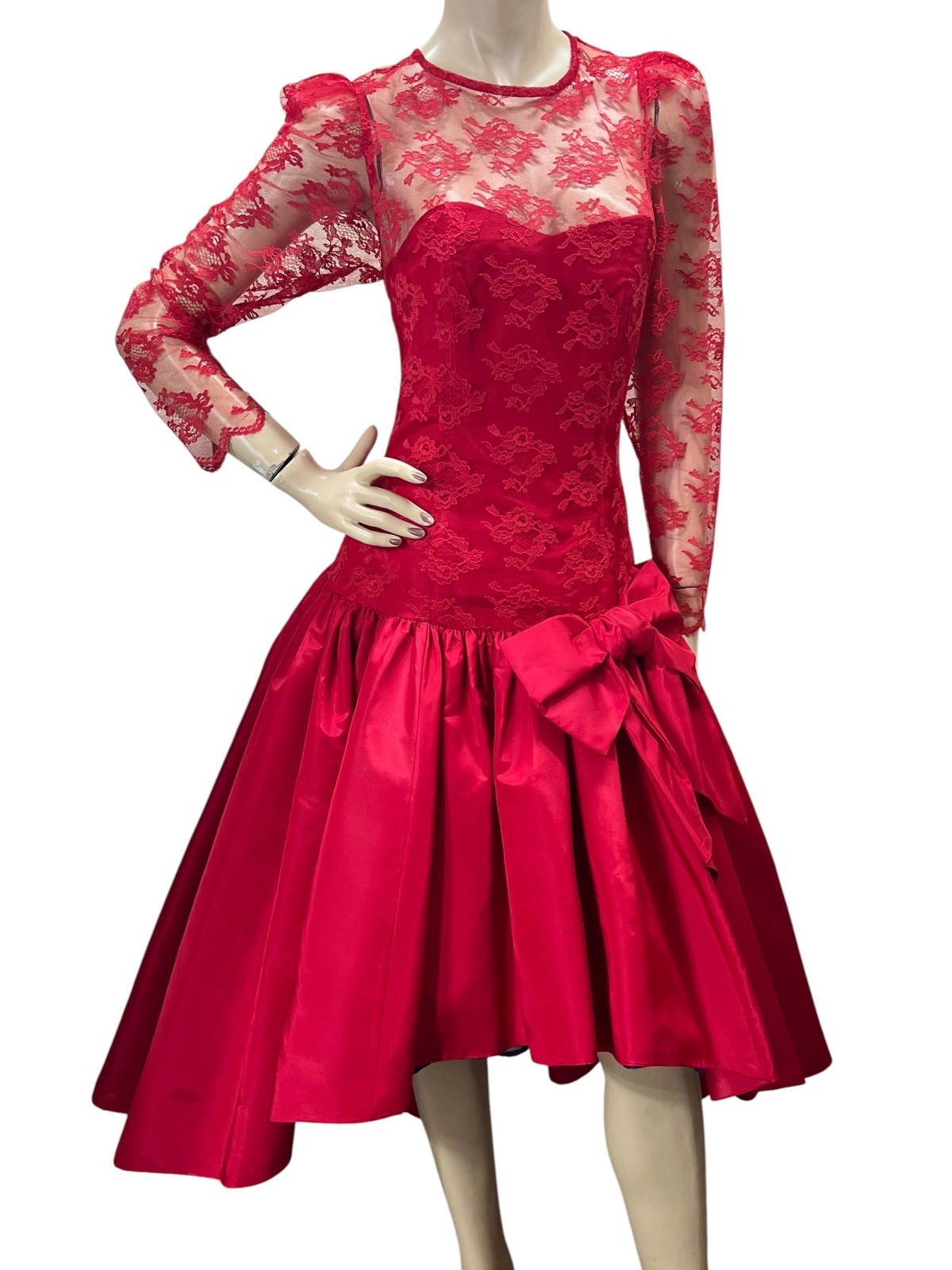 Vtg 80s Sz M~L Red Taffeta Satin Lace High Low Prom Dress