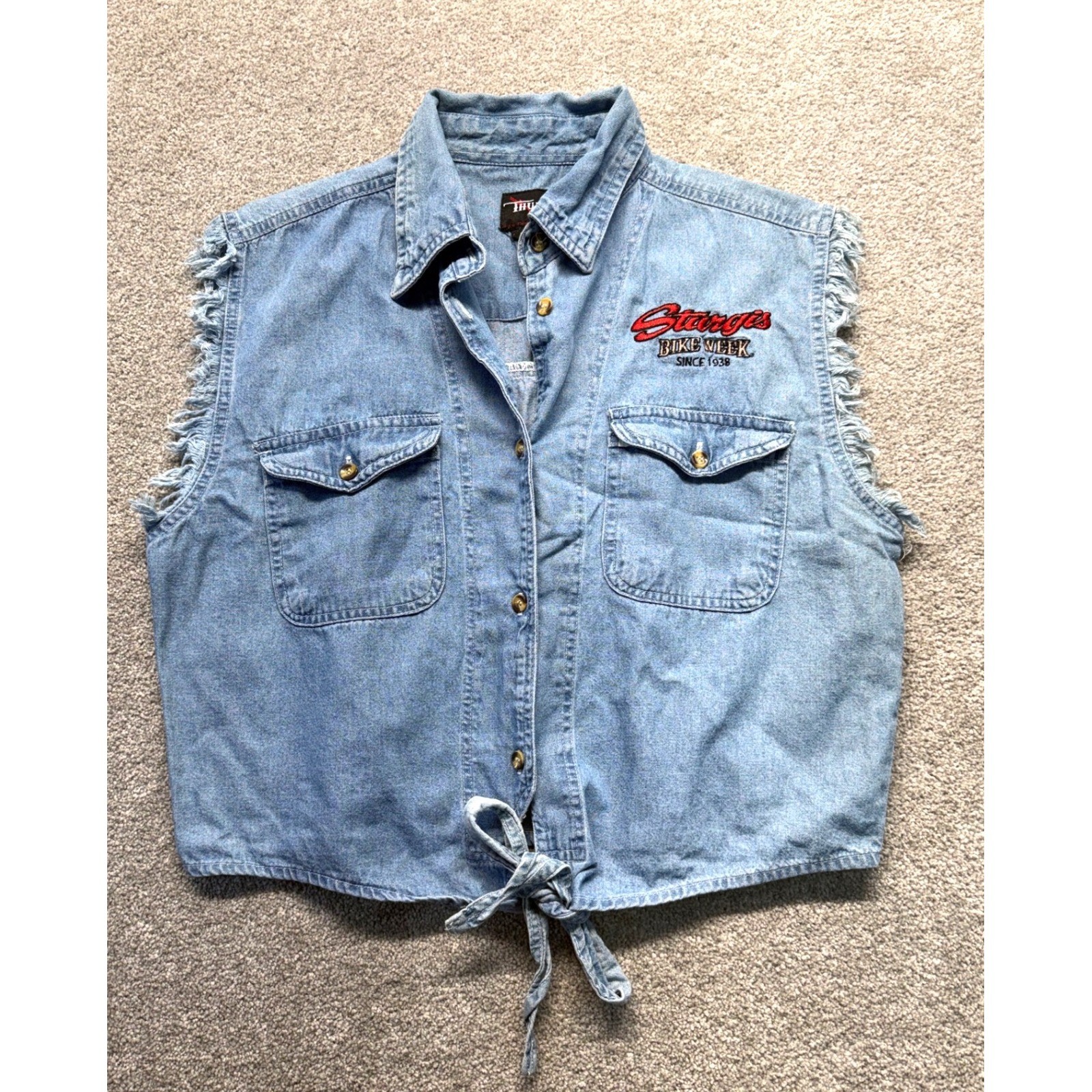 Vintage Sturgis Bike Week Denim Vest Light Wash Tie Front 2XL Blue