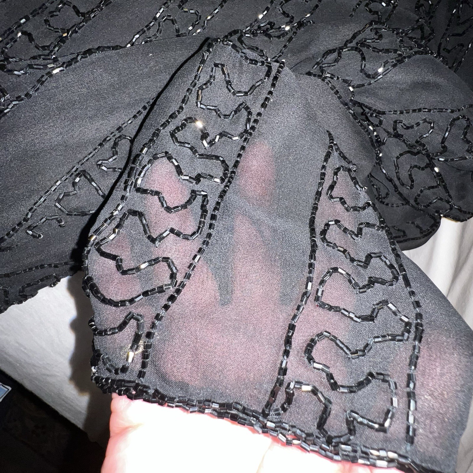 Vintage 80s NITELINE By Della Roufogali Black Sheer 100% Silk Beaded Jacket XL