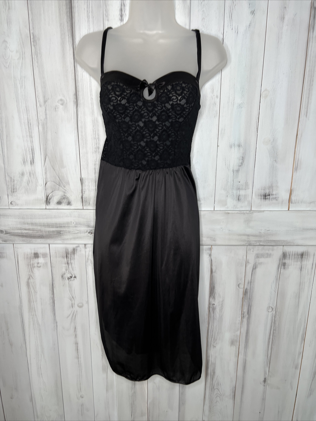 VINTAGE SEARS BLACK STRETCH LACE TRIM NIGHTGOWN NIGHTIE LINGERIE FULL SLIP 34