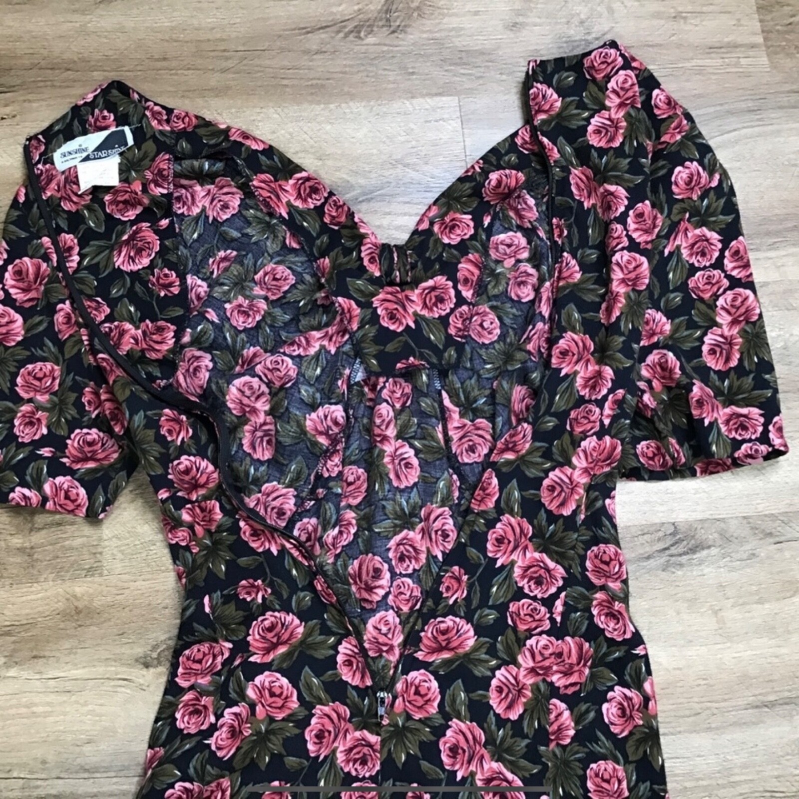 Vintage Y2K Floral Dress Size 12 Mini Rose Tie Front Black Pink Green 1990s