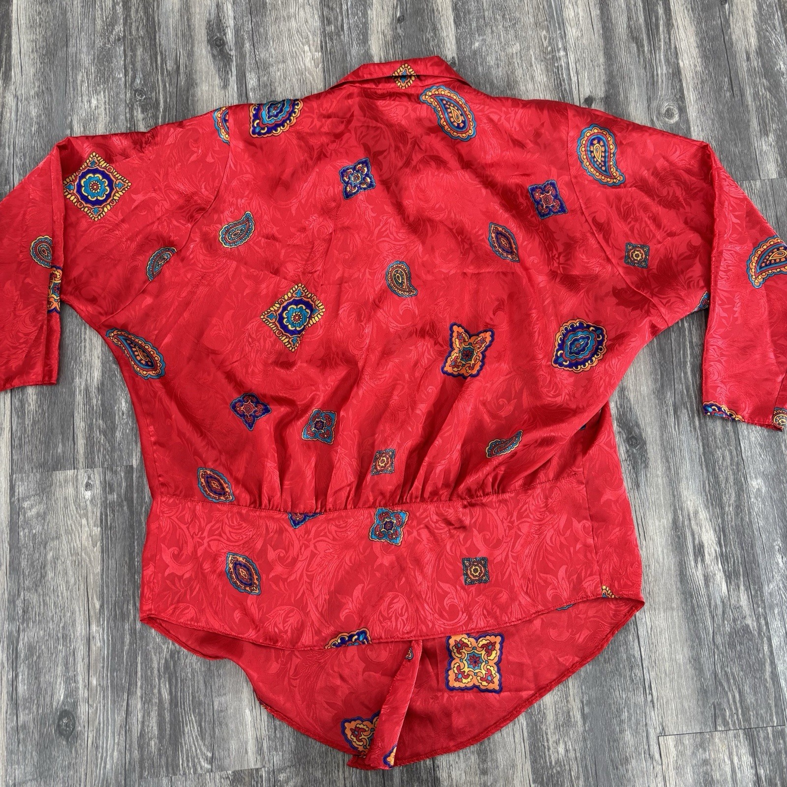 VTG Robbie Sport Vogue Silky tie Button Blouse Retro Shoulder pads womens 9 10