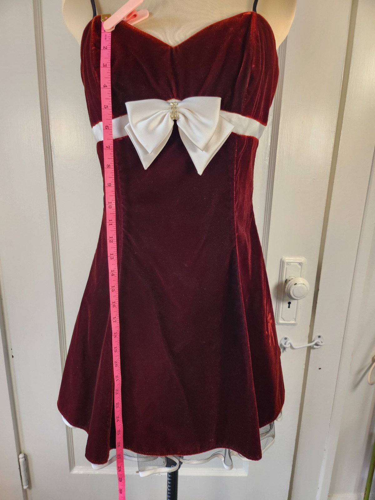 Vtg NWT 90s Y2K Empire Waist Bow Rhinestone Velvet Mini Dress Burgundy