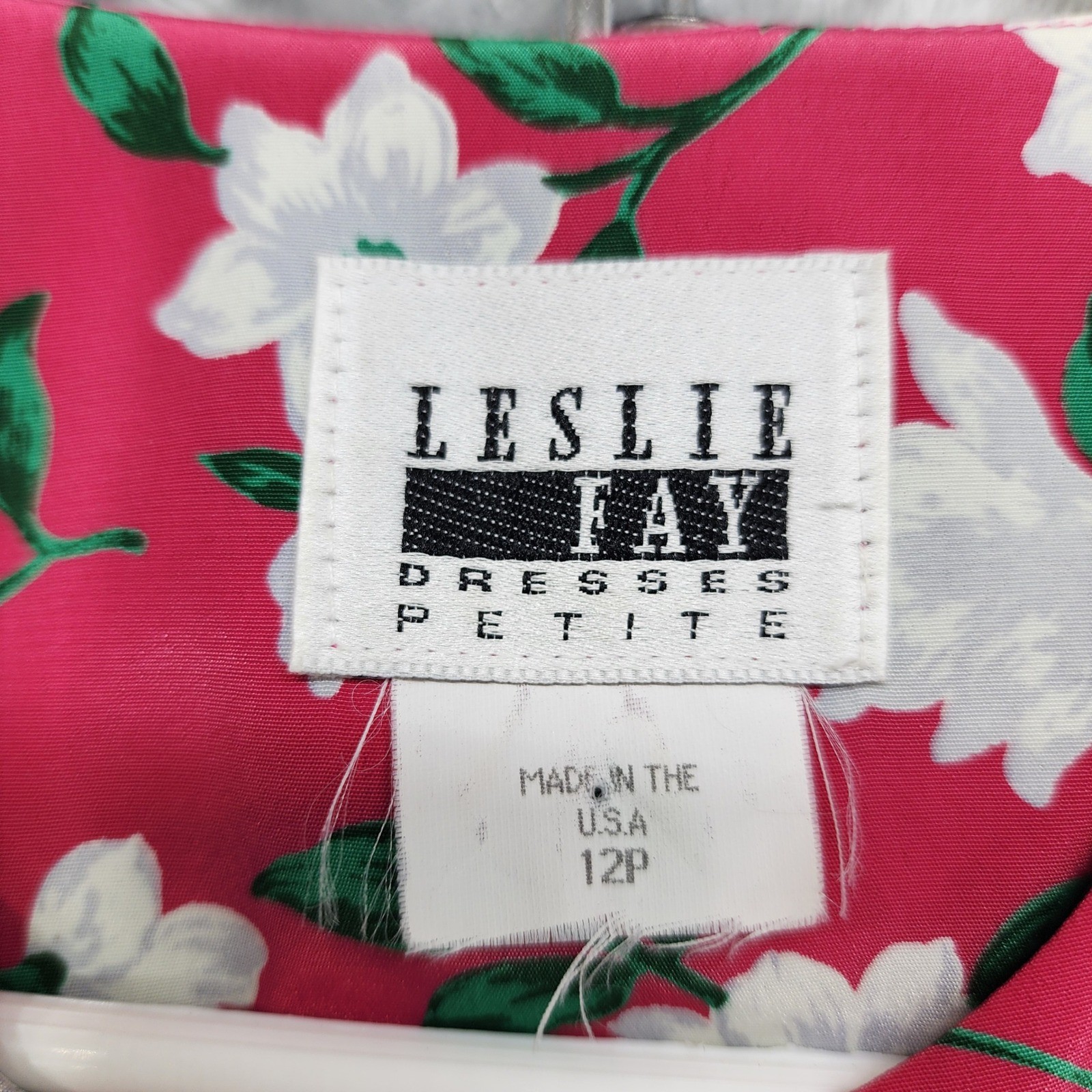 Vintage Leslie Fay Dress Womens 12P PETITE Pink White Floral Pleated Belted Midi