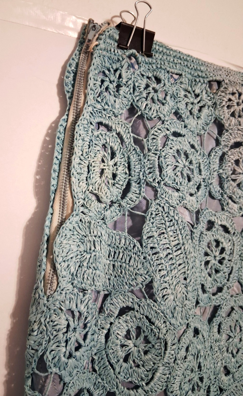 VTG 70s Handmade Crochet Floral Skirt Small 27w Blue 3D Open Knit Hippie Granny