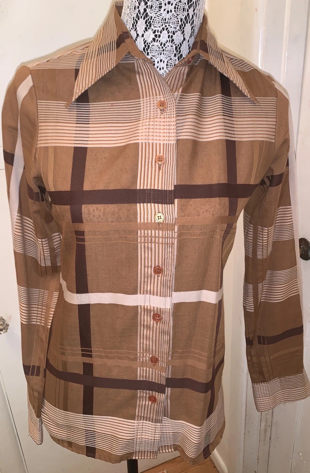 Rare Vintage Womens Fendi Button Down Cotton Blend Blouse Brown Plaid 6/8 Shirt