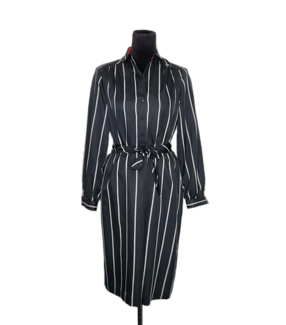 Vtg 80s Schrader Sport Saks Fifth Avenue Striped Shirt Dress Belted Black Size 8