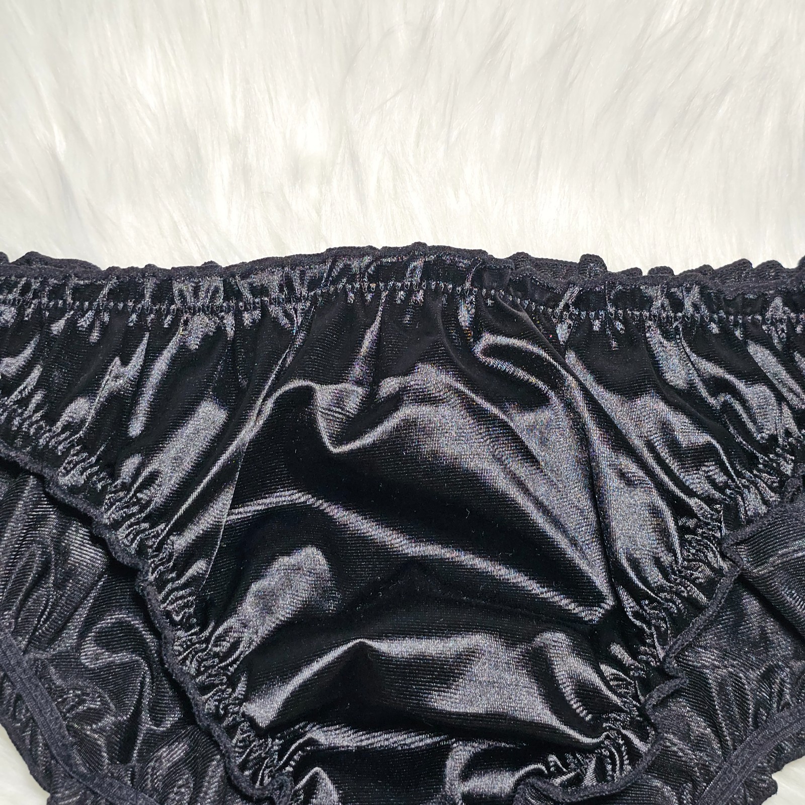 Glossy Nylon Satin Panty Liquid Black Bikini Sissy Ruffle Brief Sz. 8 Hip 40-44″