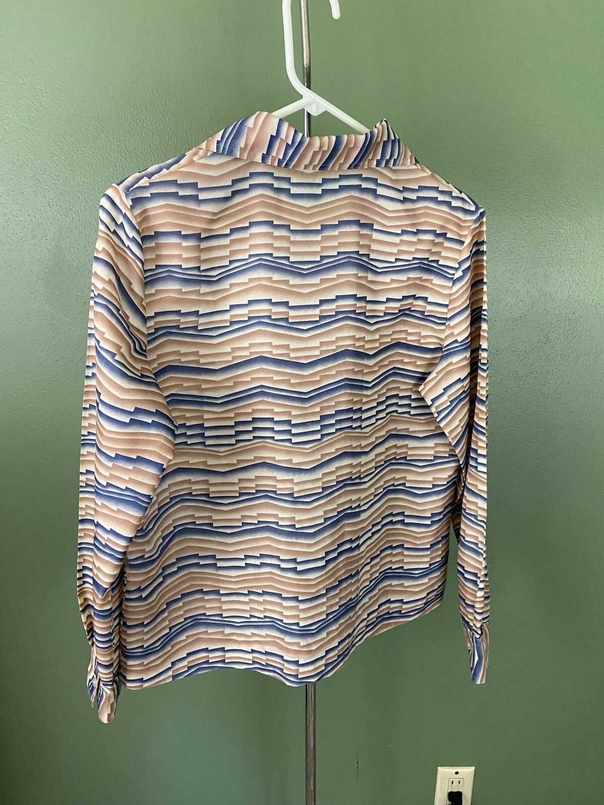 VTG 60s 70s Art Deco Geometric Stripes Long Sleeve Blouse Button Down Up Shirt