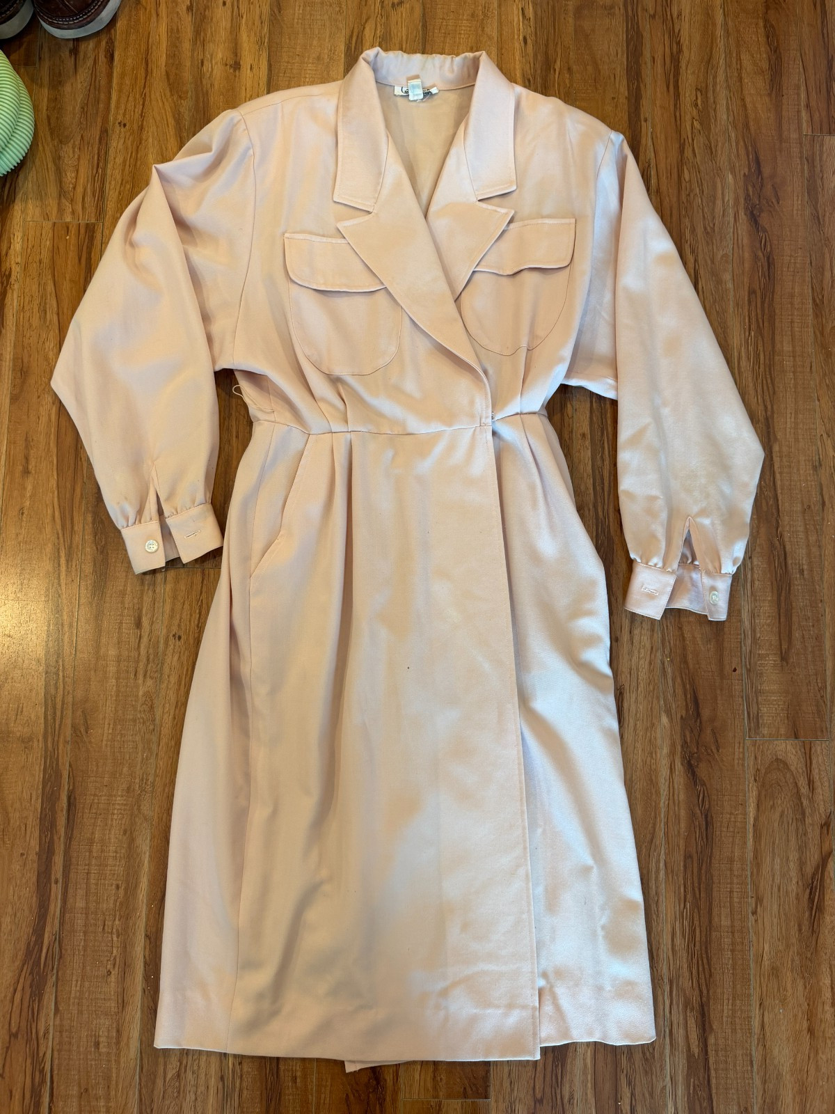 🤍 Vintage 80s Garfinckel’s Blush Safari Wrap Shirt Dress Working Girl USA M/L