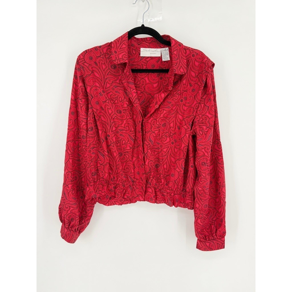 Schrader Sport Vintage Red Paisley Top Button Up Cinched Waist Size 18 80s Retro