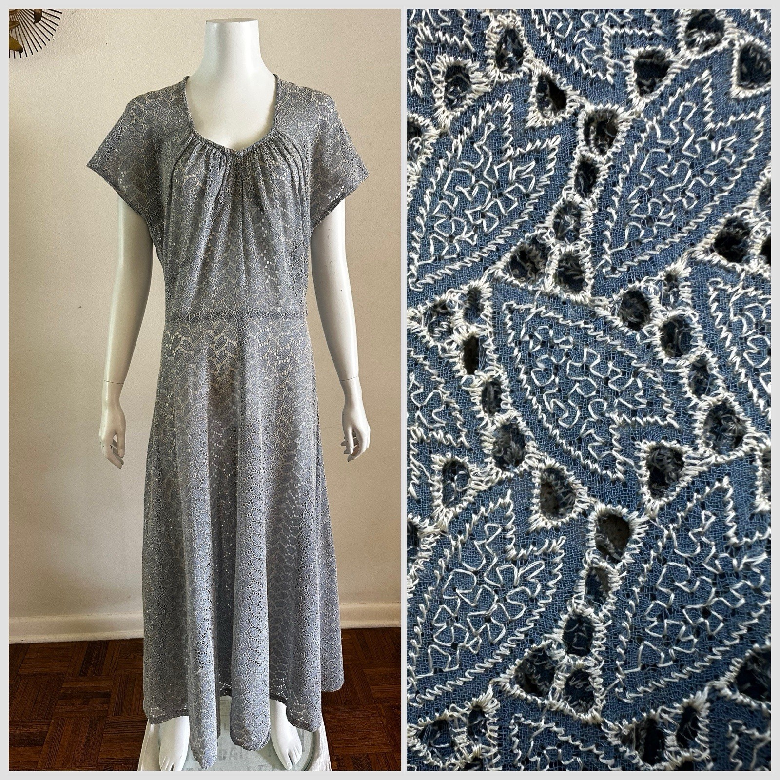 1940s Embroidered Rayon Crepe Cutwork Hostess Lounge Dress Blue Maxi L XL