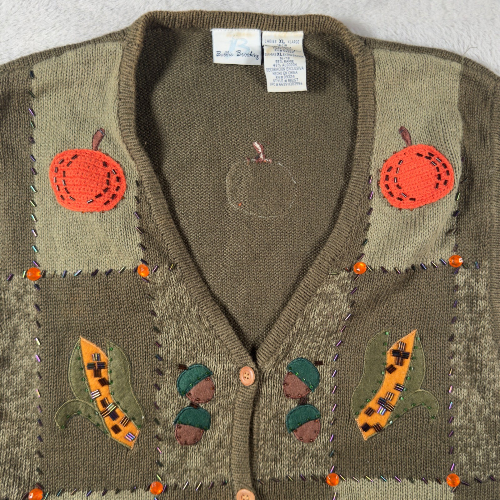 Bobbie Brooks Vintage Fall Patchwork Sweater Vest XL Green Pumpkin Acorn BB257