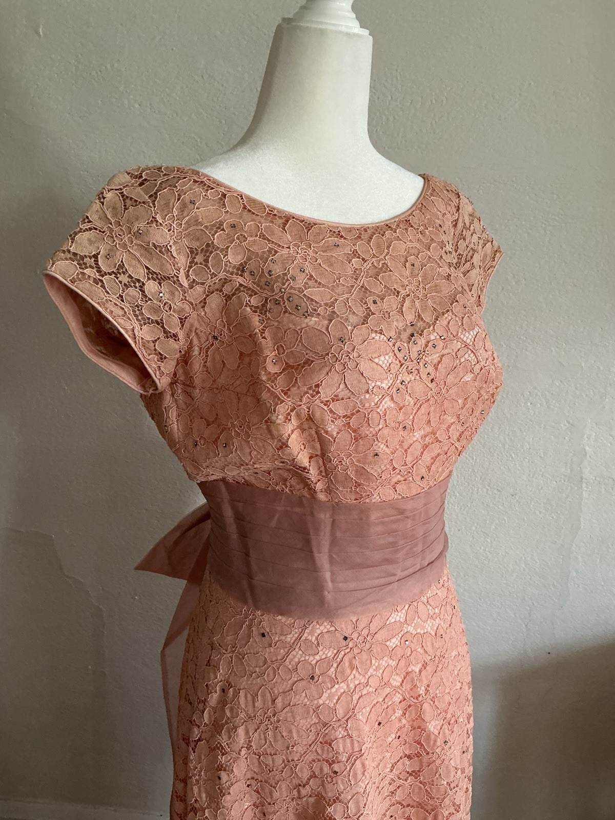 VTG Dress Lace Party Pink Peach Rhinestone Big Bow Romantic Mad Men 50s Xs S