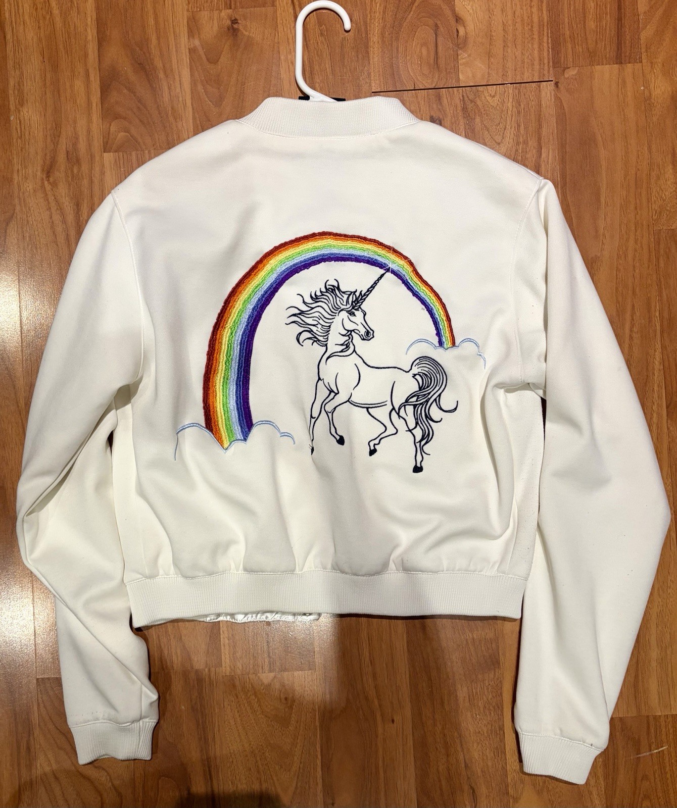 Vintage Steve & Barry’s Unicorn Bomber Jacket White Satin Track Varsity Y2K 00s