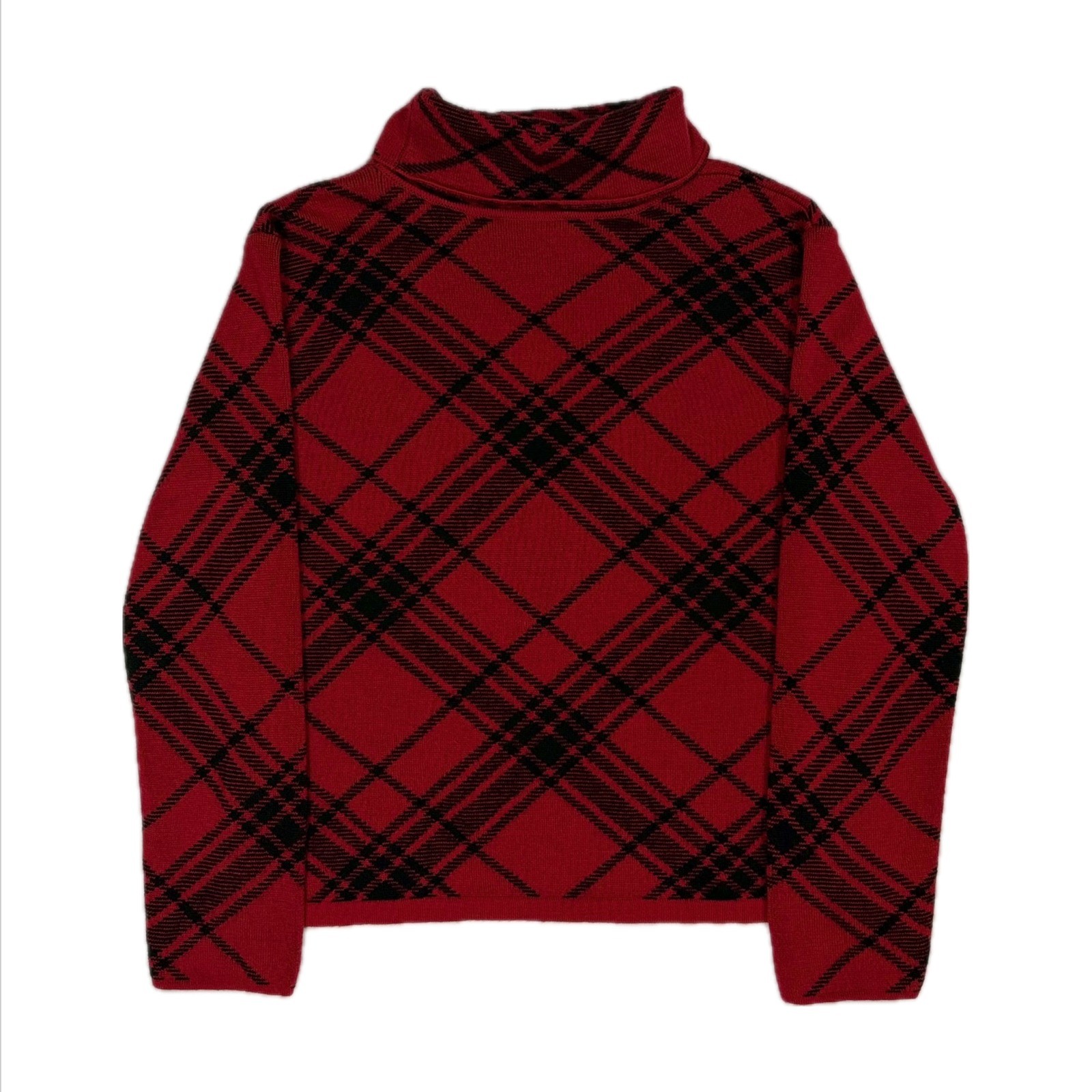 Vtg Talbots Italy merino wool black red plaid turtleneck sweater womens medium