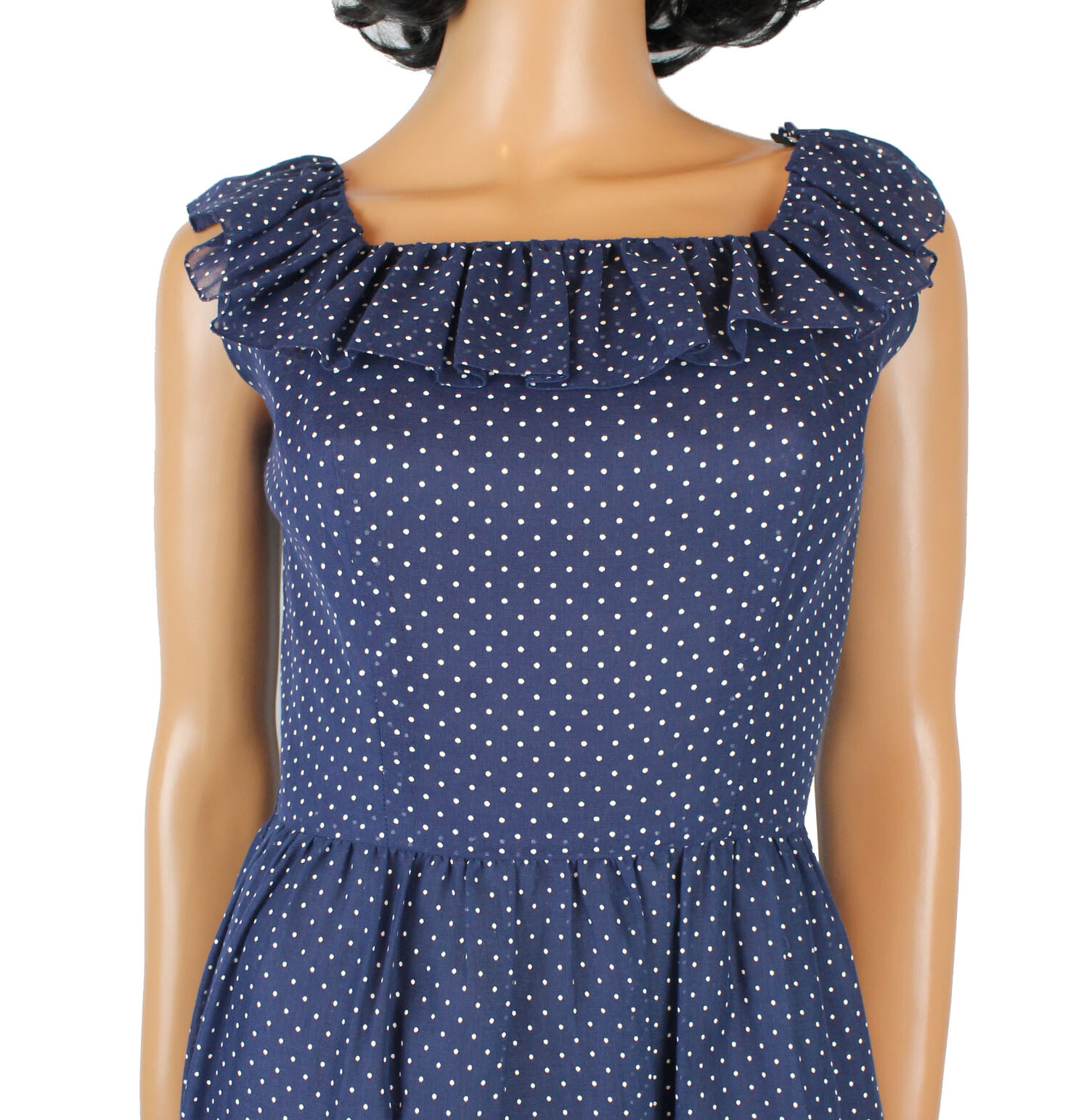 Prairie Girl Dress XS Vintage 70s Blue White Polka Dot Gauzy Cotton Embroidered