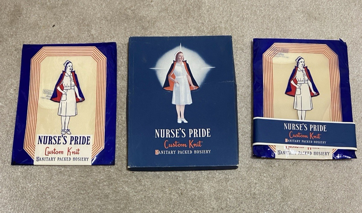 Vntg c1950s Nurse’s Pride Hosiery Cardboard Box w/ 2 Pair Knit Stockings in Pkg