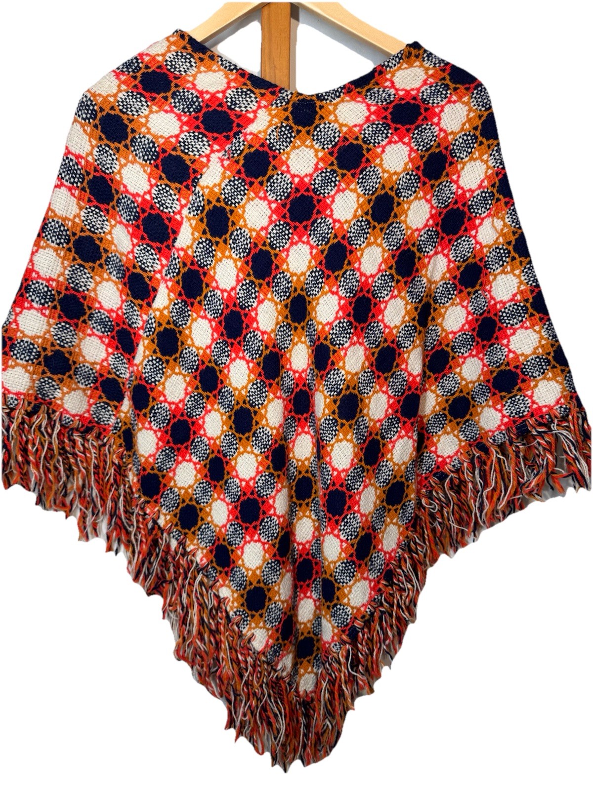 Vintage 1970s Crochet Poncho Colorful Cottage Core Granny Boho Fringe One Size
