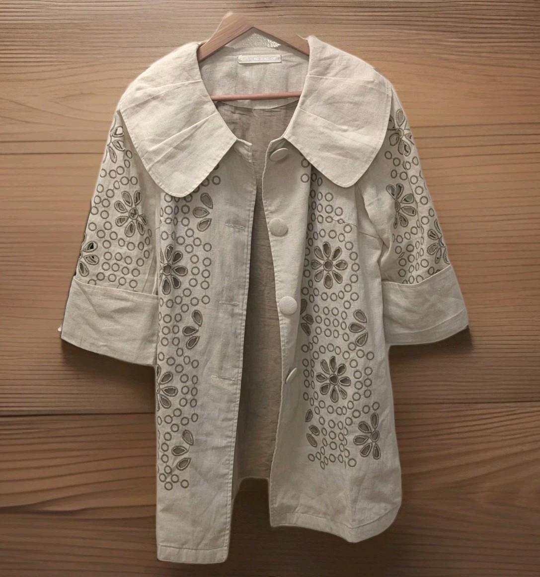 Adele Dallas Orr Medium Linen Embroidered Cutwork Jacket Retro 50s 60s Artisanal