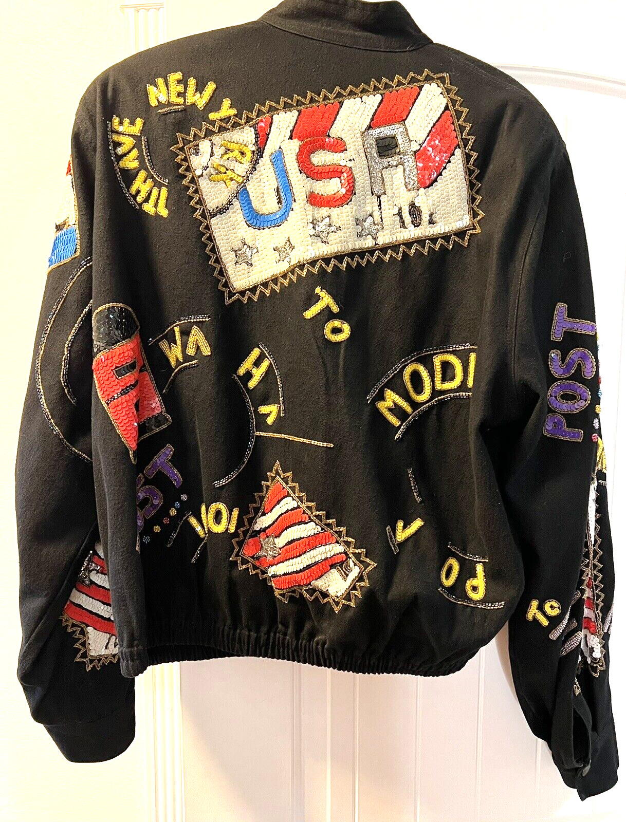 VTG 80’s MODI DENIM – US POSTAGE- Sequin Embellished Bomber Jacket Size 10/12