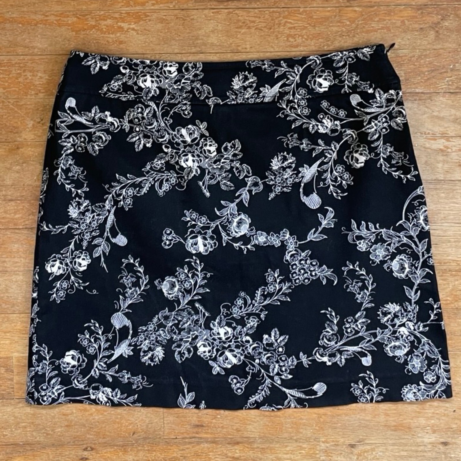 Vintage Floral Mini Skirt Size Large 31″ Waist 90s Twill Cotton Skirt Black