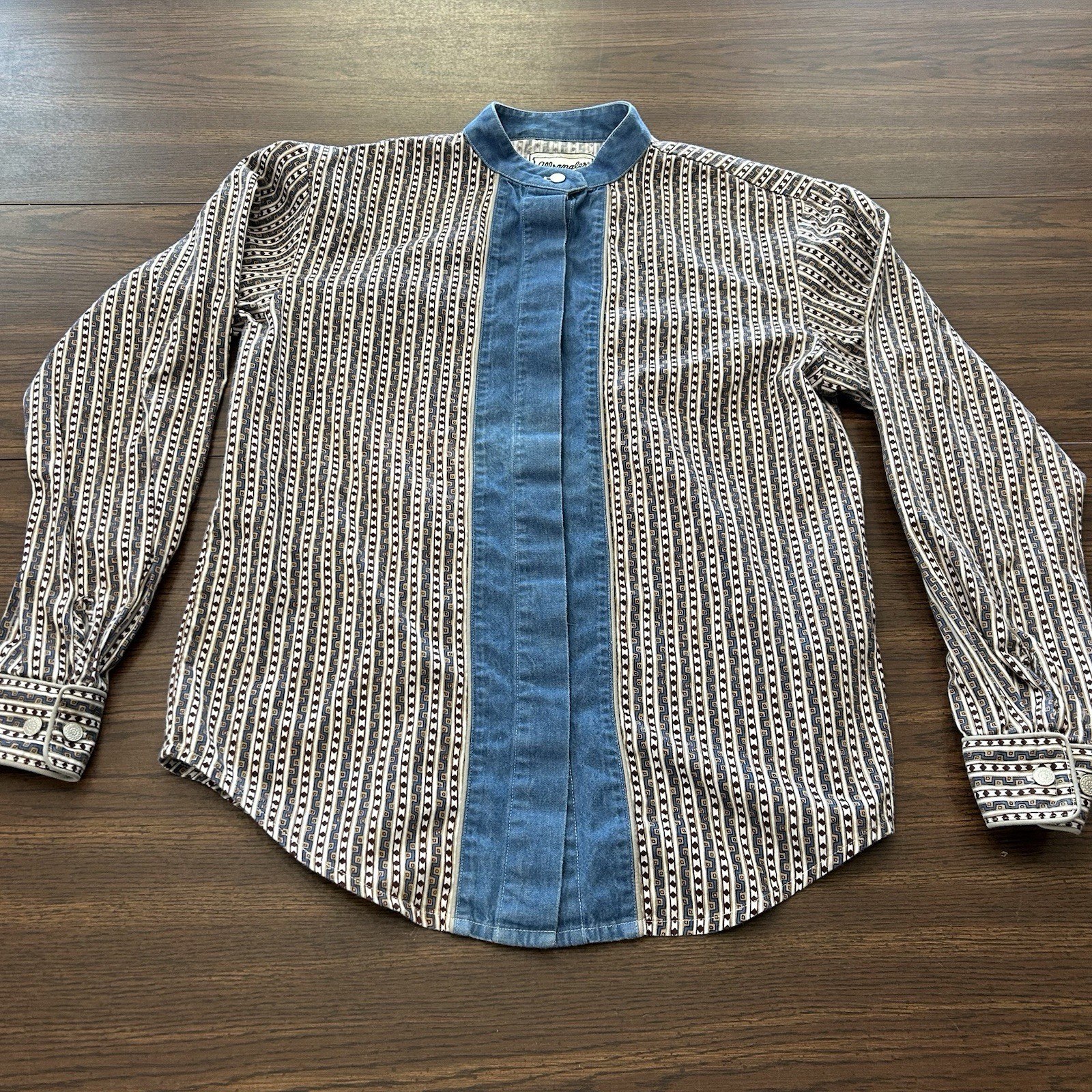 Vintage 80s Wrangler Western Women’s Aztec Striped Denim Bib Shirt Small