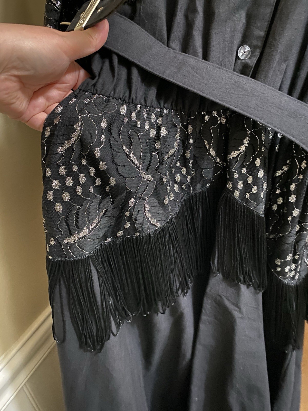 Vintage Lilia Smitty Western Dress Black Silver Fringe Size 11/12 Lace Rodeo