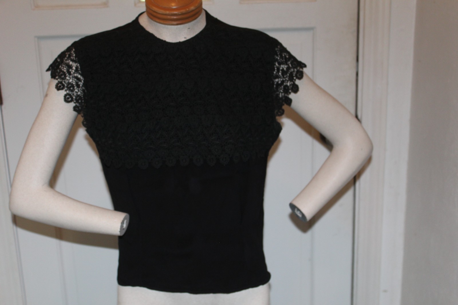 Vintage 1940s Glam Gal Rayon Crepe Blouse Top Black wtih Short Lace Cap Sleeve